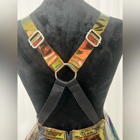 CLUB EXX Techno Gurl Hologram Vinyl Pinafore Overall Dress Metallic Blue Copper - Picture 7 of 12